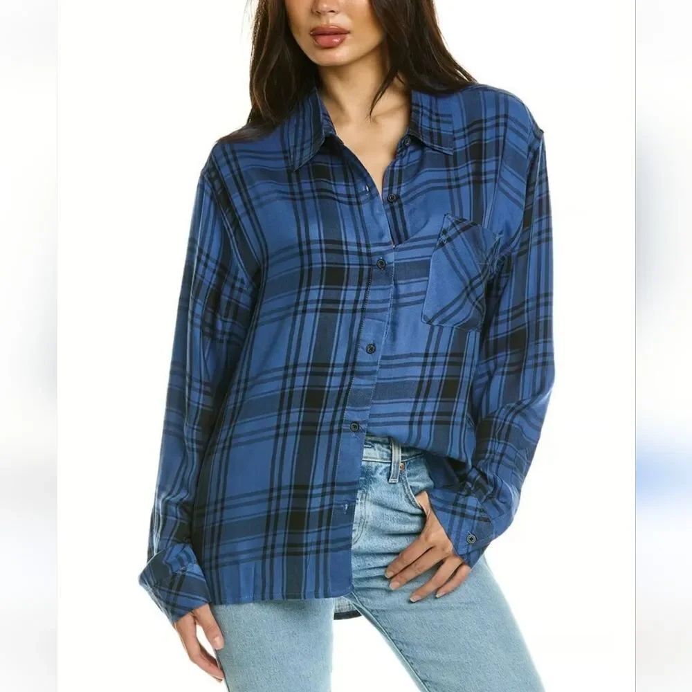 We Wore What Women's XXS/XS Boyfriend Plaid Button-Up Relaxed Shirt Blue/ Black